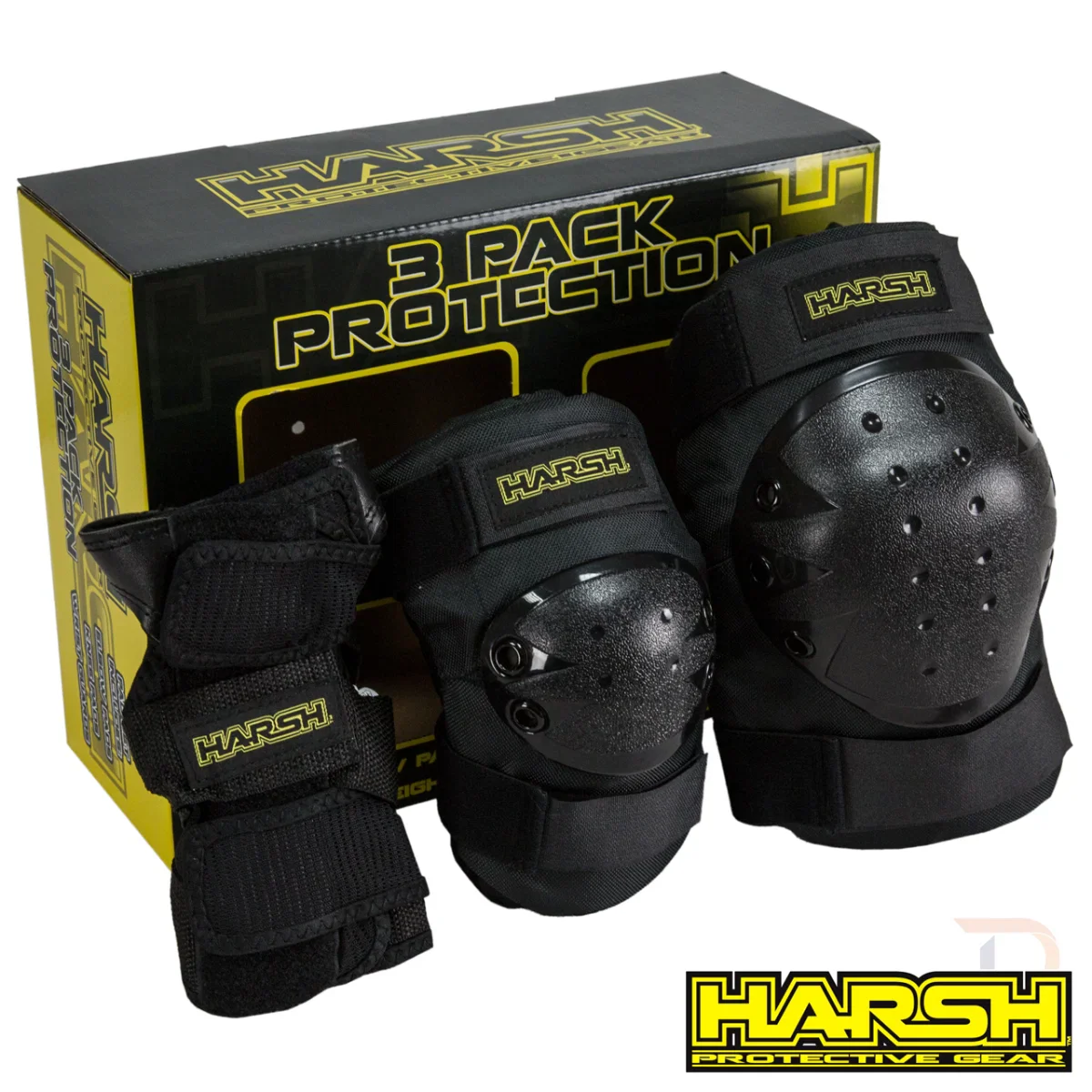 סט מיגון מקצועי Harsh 3 Pack Combo | הגנה לברכיים, מרפקים ופרקי כף היד | שחור - Image 3